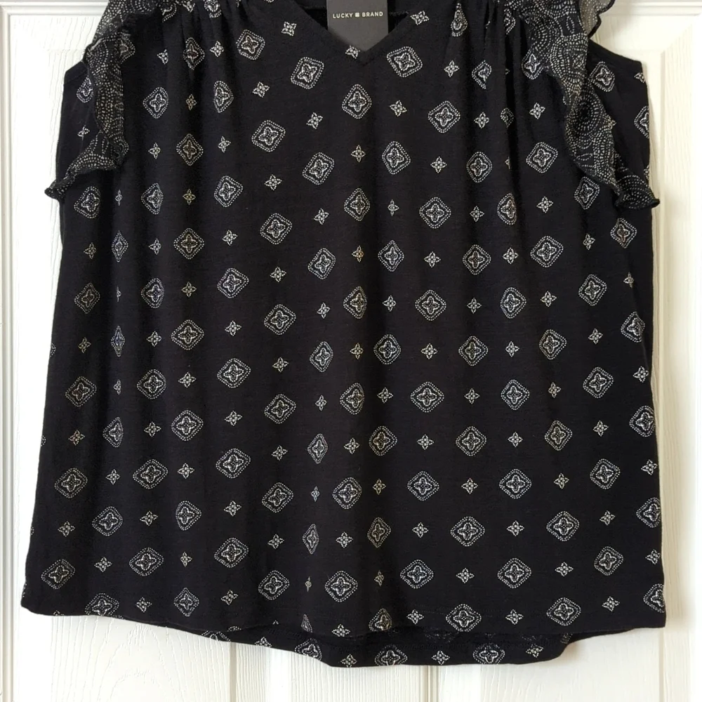 Lucky Brand Bohemian Printed Flutter Cap Sleeve Relaxed V-neck Blouse Black S - Picture 7 of 10